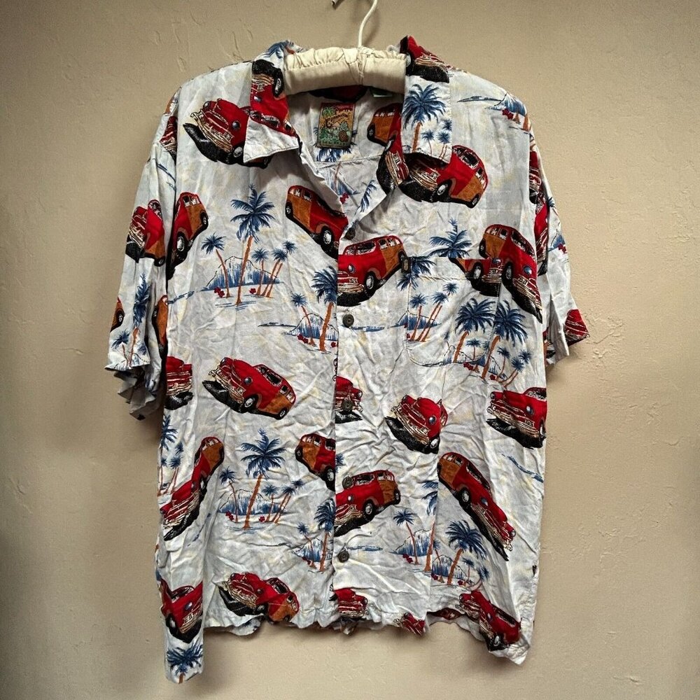 Pineapple Connection Men's Large Rayon Hawaiian Shirt Beach Cars Woody Pocket
